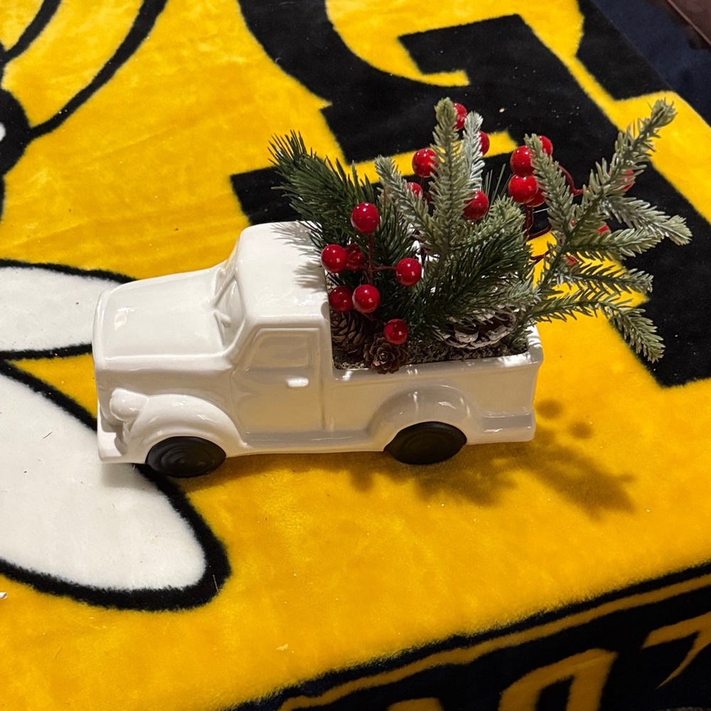 White Ceramic Holiday Truck with Greenery and Red Accents